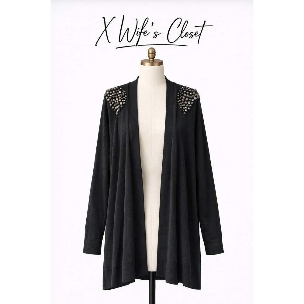 And Abigail Black Studded Shoulder Open Front‎ Cardigan Sharkbite Hem Womens L
